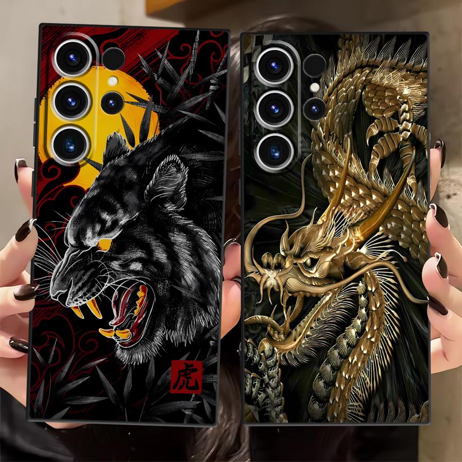 Tiger Dragon Black Soft Phone Cover Case for Samsung Galaxy S21 S22 S24 Plus S23 FE S25+ S23+ S24+ S20 Note 20 10 S25 Ultra