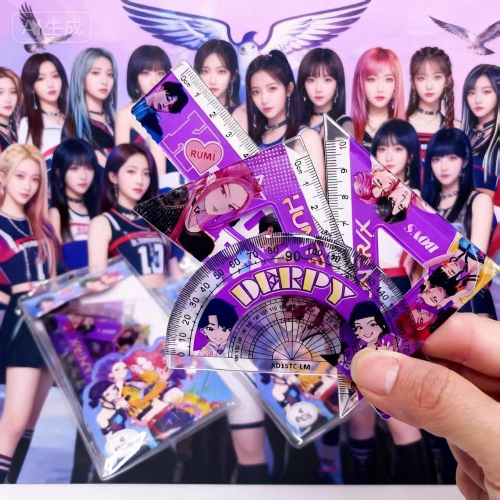 Kpop Demon Hunters Huntrix 4Pcs Plastic Ruler Math Set Includes 10cm 15cm Straight Protractor Triangle Geometry Measuring Tools
