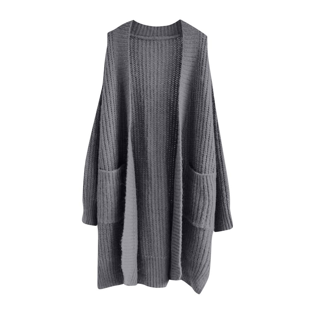 Women's Solid Color Long Sleeved Knee Length Knitted Cardigan, Lazy Trend, Medium Long Hair Jacket