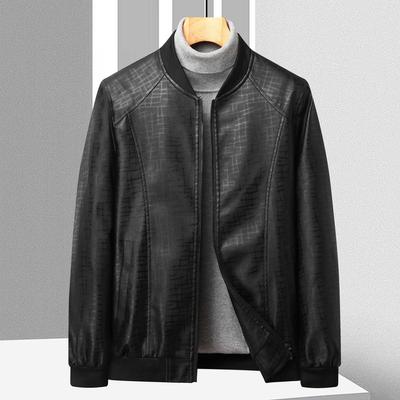 Spring and Autumn Men's Fine Plaid Thin Leather Jacket Men Korean Slim Baseball Collar Fashion Leather Men