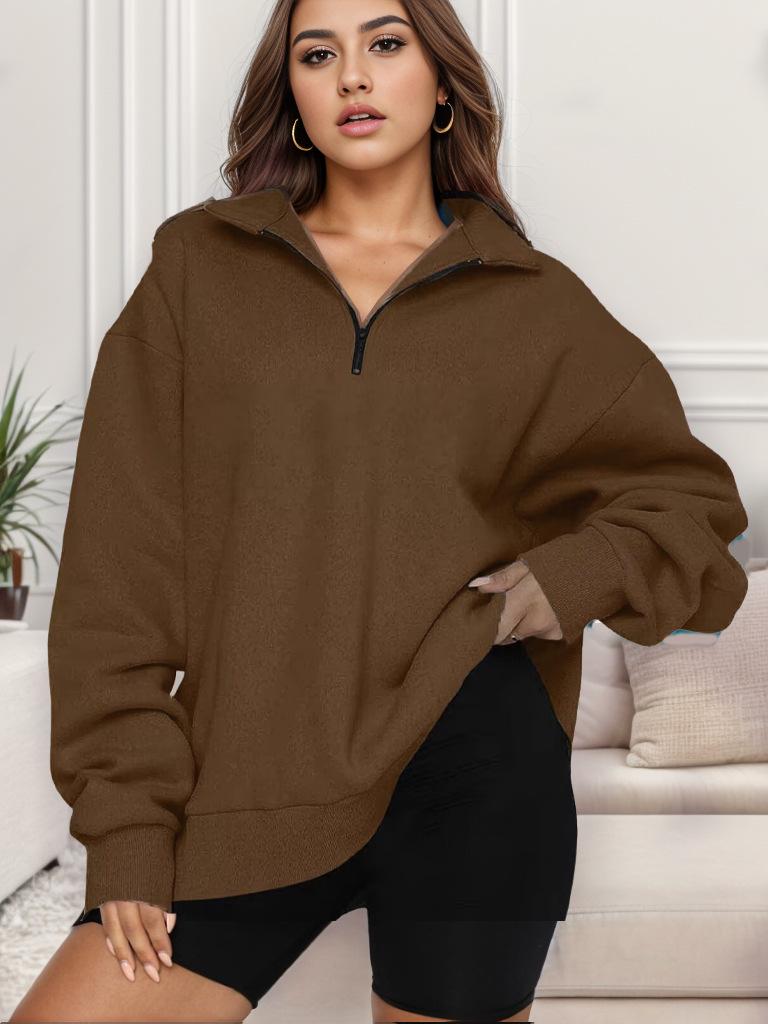 Pulover Casual de Damă cu Fermoar pe Jumătate și Glugă, cu Mânecă Lungă, pentru Toamna/Iarna 2023