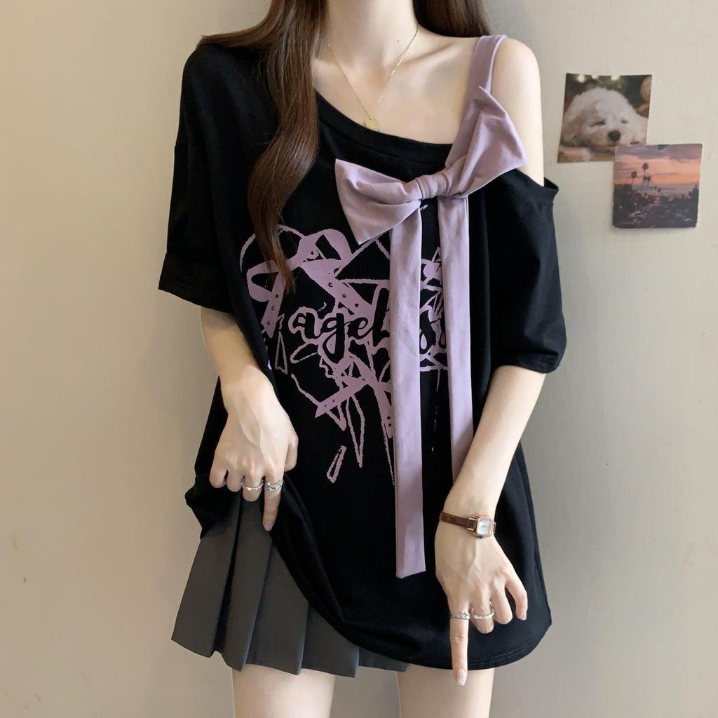 2025 Plus Size Off-Shoulder 3D Bow T-Shirt: Loose, Flattering, Short Sleeve Summer Top for Women