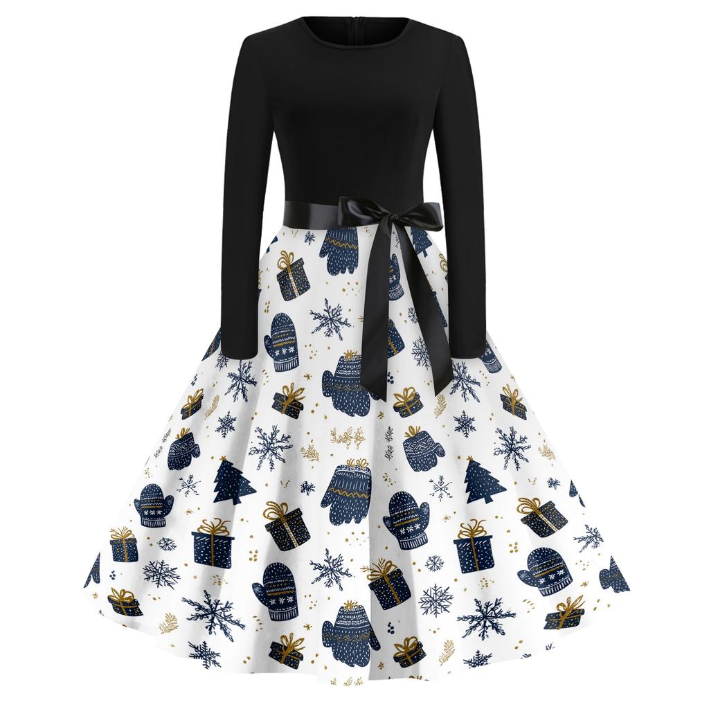 Women's Casual Fashion Round Neck Christmas Printed Vintage Dress