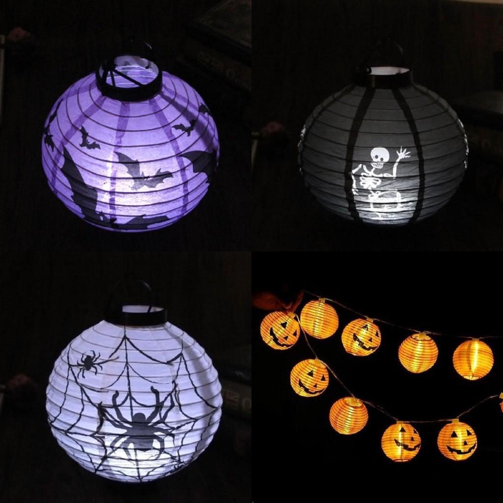 Timelessly Designed Led Paper Pumpkin Lantern With Spider And Bat For Perfect Halloween Decoration