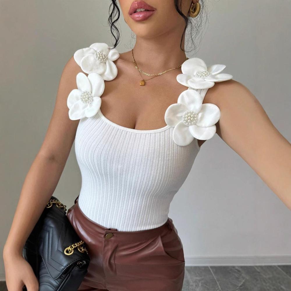 

Square Neck Knit Tank Top Crop Tops Women Summer Camis Solid Color Flower Camisole Fashion Tube Female Sleeveless Cropped Y2K Girl Clothes S білий
