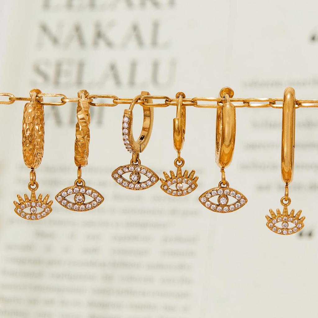Qiong Yao 18K Gold Plated Evil Eye Diamond Pendant Hoop Earrings - Fashionable Stainless Steel Clip Design