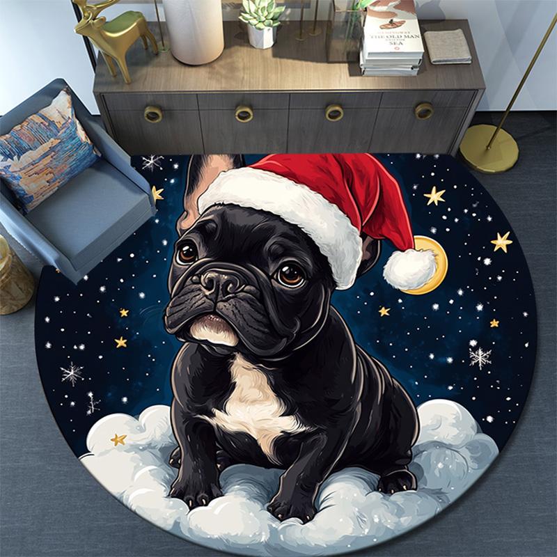 Christmas French Bulldog Round Area Rug,Carpet Rug for Living Room Bedroom Sofa Playroom Decor,Non-slip Floor Mat