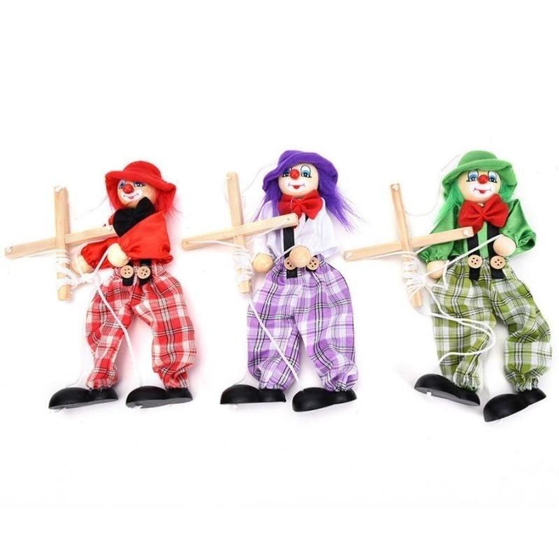 Pull String Puppet Clown Wooden Marionette Joint Activity Doll Vintage Child Toy