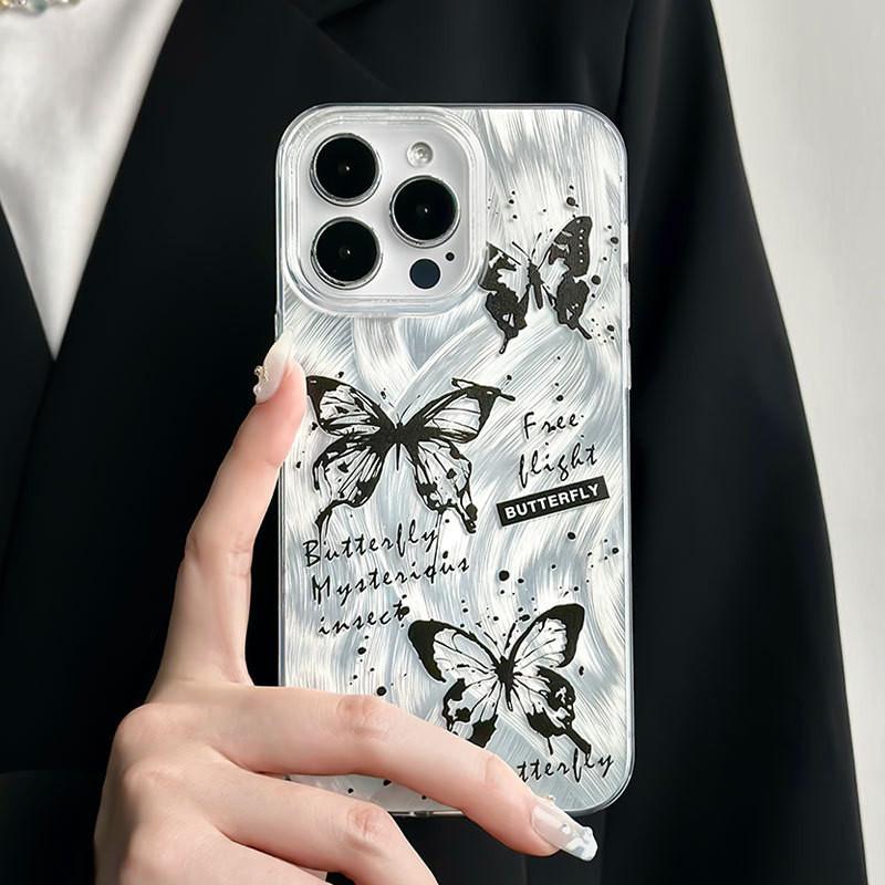 Large Hole Transparent Phone Case Compatible and Suitable for iPhone15 14 13 12 11promax xsmax xr 7 8plusSE Elegant Black Butterfly
