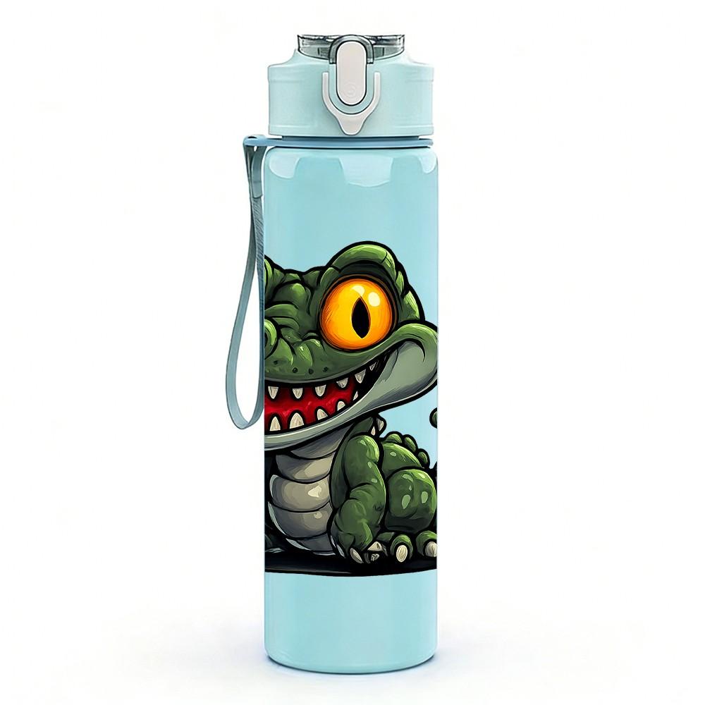 1PC Aggressive Green Crocodile Pattern 750ml Color Plastic Sports Water Bottle Leakproof Flip Straw Lid Suitable for Sports Office Home Use