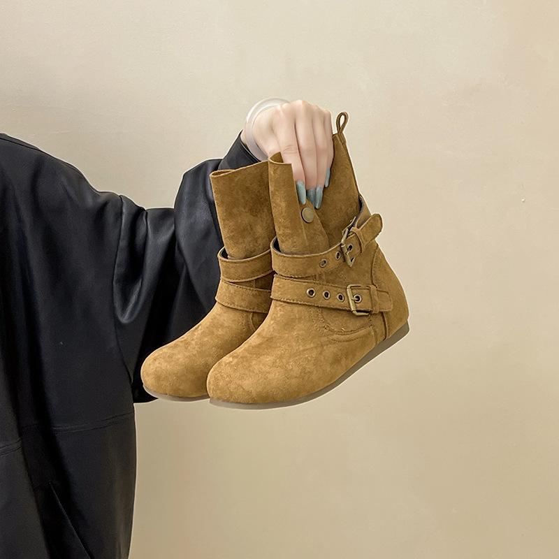 

Ретро стиль европейский и американский пряжка ремня круглый носок плоский каблук короткие ботинки женские 2025 осень и зима новые удобные и универсальные модные M 35