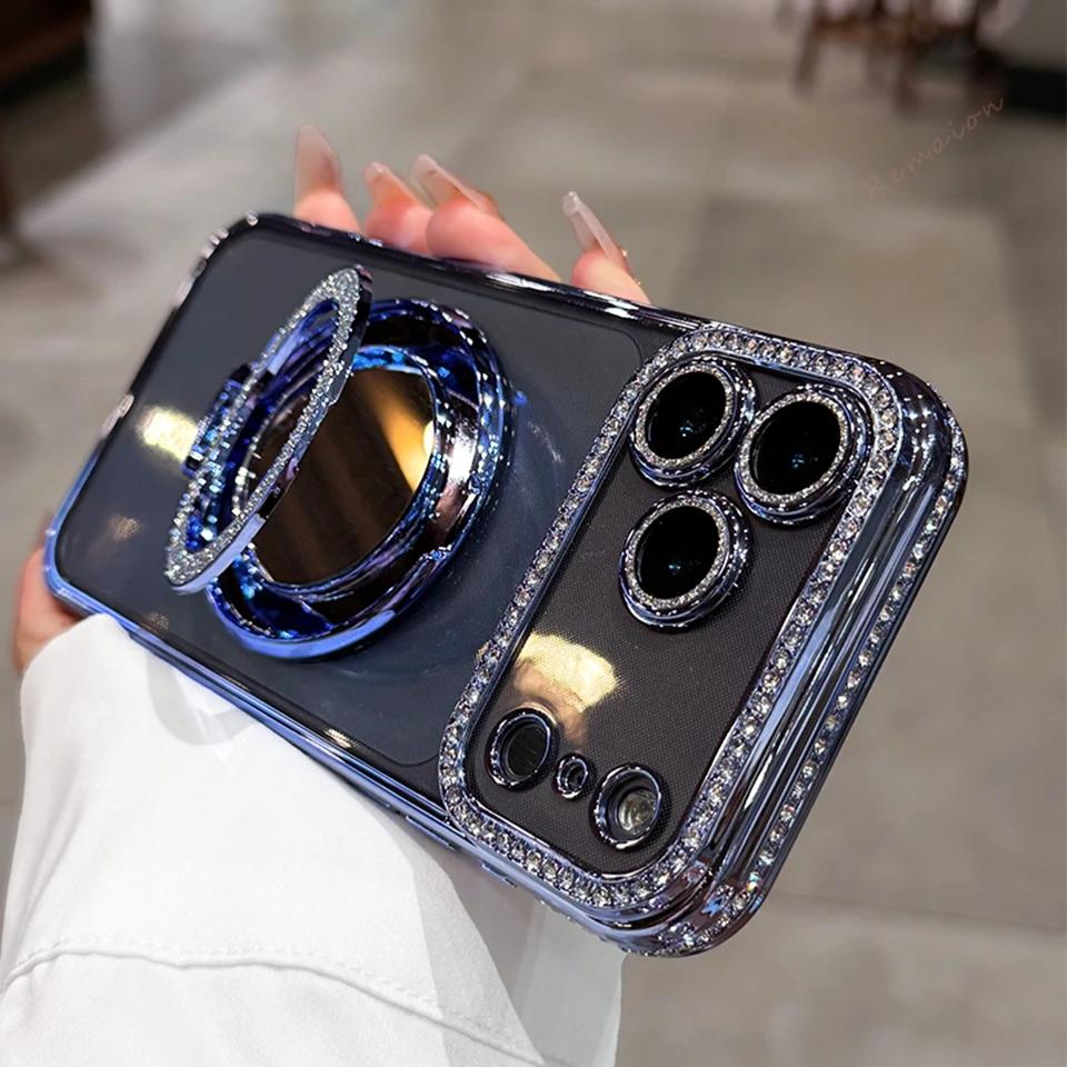 Diamond Mirror Magnetic Case For iPhone 17 Air 16E 16 15 14 Plus 13 11 12 16 Pro Max Magsafe Glitter Transparent Protector Cover