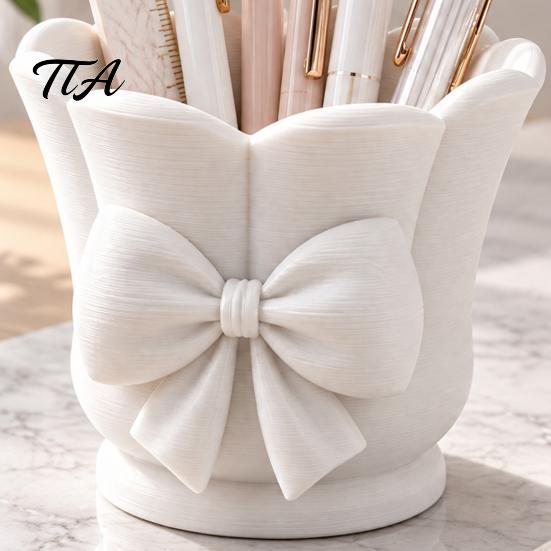 Stable Plastic Brush Container 3D Printed Bow Pen Holder, Petal Shape Makeup Minimalist Cream Style Stationery Storage Desktop Organizer, for