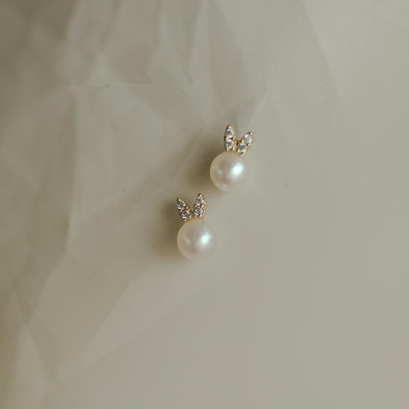 

925 Sterling Silver Plating 14K Gold Earrings Simulated Pearl Zircon Rabbit Earrings for Women Cute Sweet Jewelry Gift Gold