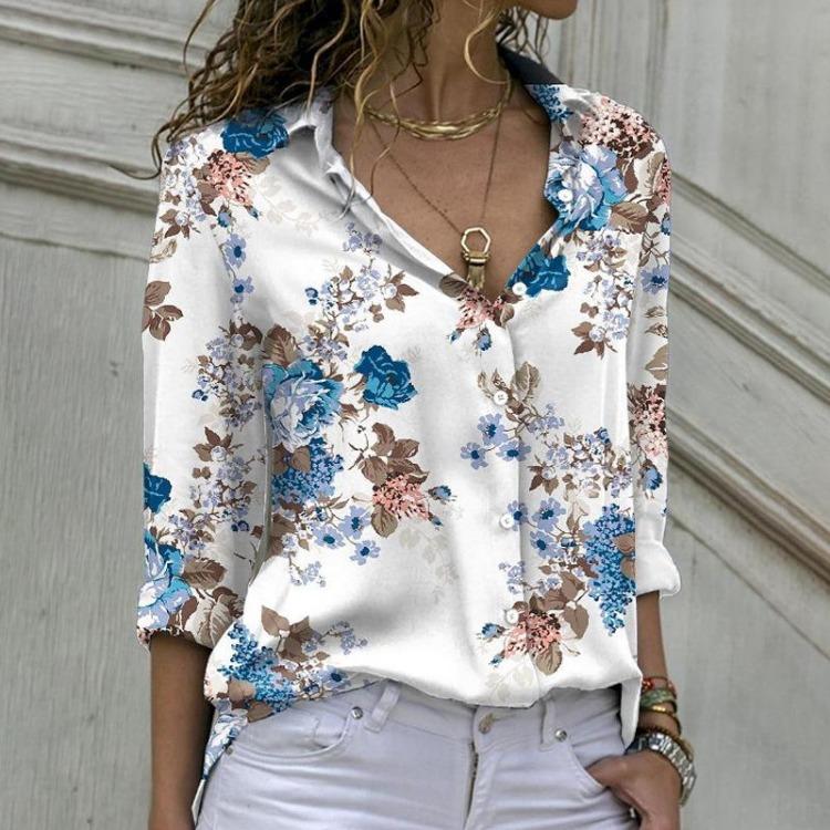 Spring Summer Fashion Women Long Sleeve Loose Printed Shirt S
