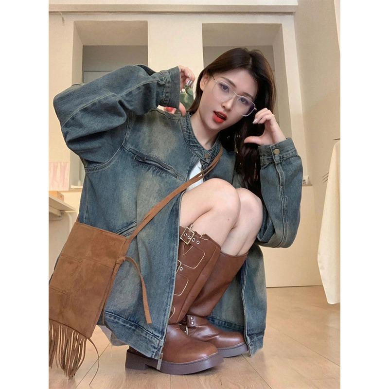 

Women s Retro Washed Distressed Denim Jacket - Winter Loose Fit, Slimming, Versatile, Casual Cardigan Style. L