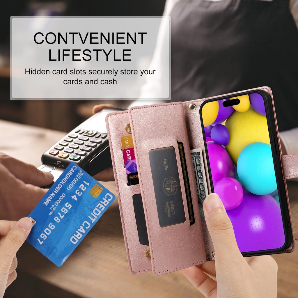 DF-011 For iPhone 16 Case Anti-Drop Leather Wallet Phone Cover with Long / Short Straps