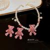 Silver Needle with Diamonds Flocked Bear Earrings Cartoon Cute Pink Girl Heart Sweet Stud Earrings Niche Design Earrings
