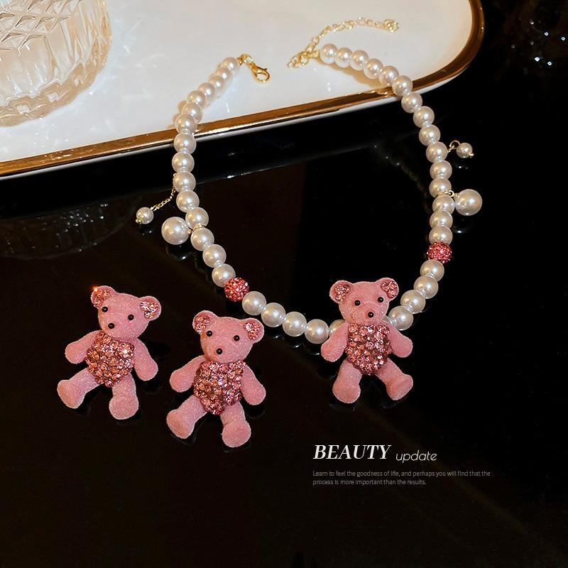 Silver Needle with Diamonds Flocked Bear Earrings Cartoon Cute Pink Girl Heart Sweet Stud Earrings Niche Design Earrings