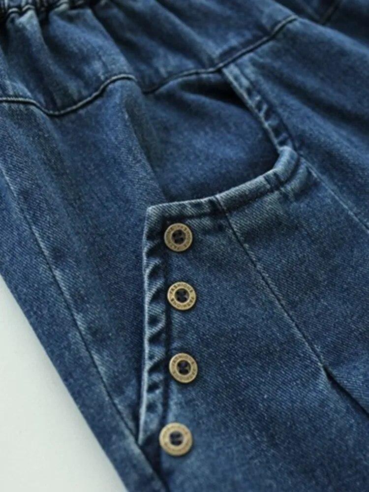 Johnature Dámské vintage široké kalhoty s elastickým pasem a patchworkovými kapsami, volné kalhoty, jarní jednobarevné kalhoty