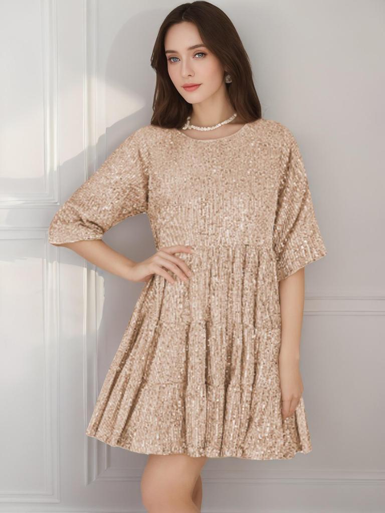 New Hot Style Fashion Sequin Dress: Solid Color, Loose Waist, Short Sleeve Skirt for Banquets