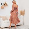 Women Dress Long Sleeves Flower Print A-line Square Neck Midi Casual Elastic Bust Backless Patchwork Hem Pleated Spring Fall Chiffon Outfit