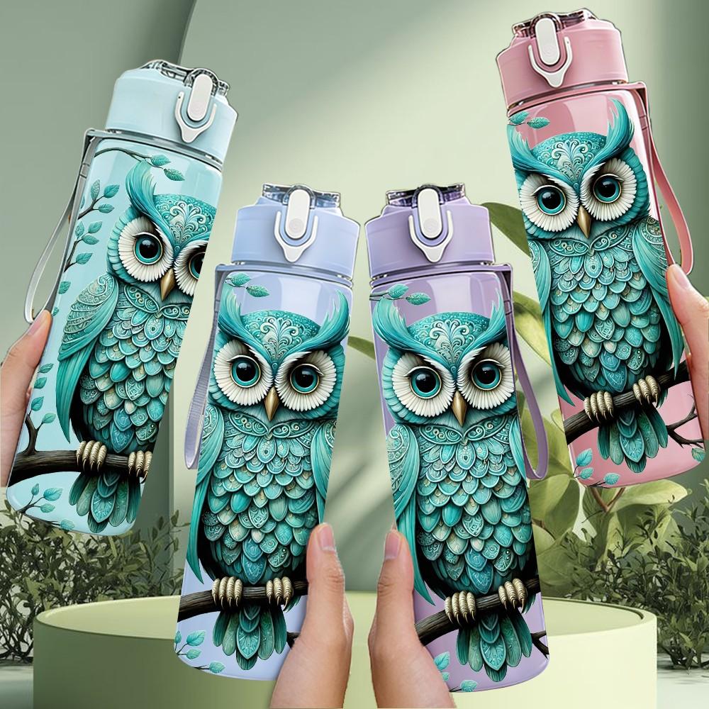 1PC Forest Owl Teal Vintage Illustration Art 750ml Color Plastic Sports Water Bottle Leakproof Flip Straw Lid Suitable for Sports Office Home Use