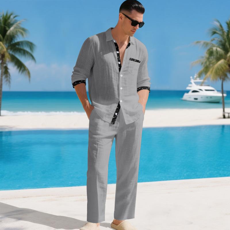 Men's Linen Two Piece Set Long Sleeve Shirt and Relaxed Pants Minimal Holiday Casual Outfit