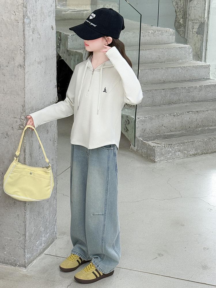Girls' Spring & Fall Outfit Set: Zip Hoodie, Casual Base Layer, Jeans, Wide-Leg Pants