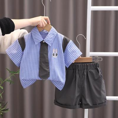 Boys' 2-Piece Cotton Set - Blue Short Sleeve Striped Shirt + Casual Shorts - High-Quality Casual Outfit -S-XXL
