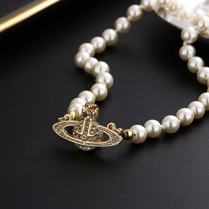 Empress Dowager Saturn Pearl Pendant Necklace - Women's Fashion Clavicle Chain with Planet Charm