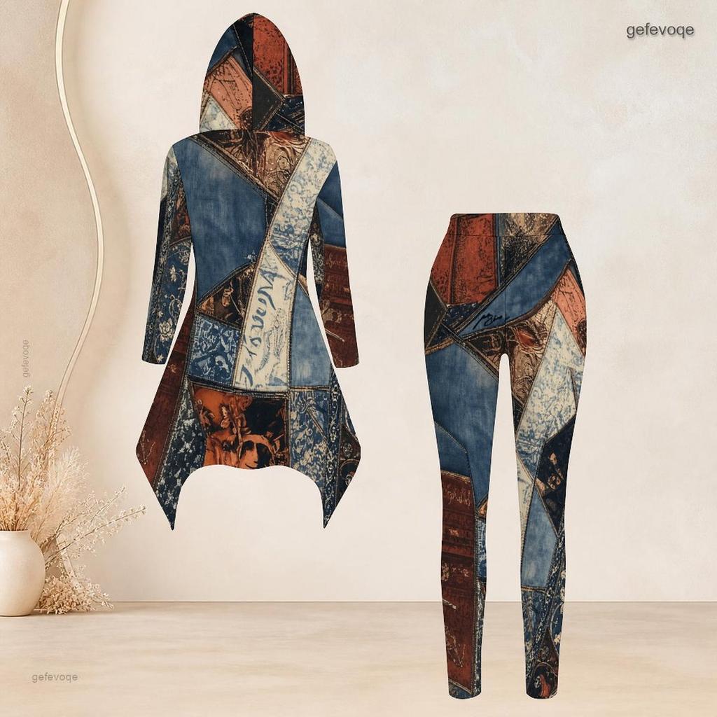 Women Plus Size Hooded Long Sleeve Blue Brown Printed High Low Top Fitted Pants Two Piece Set