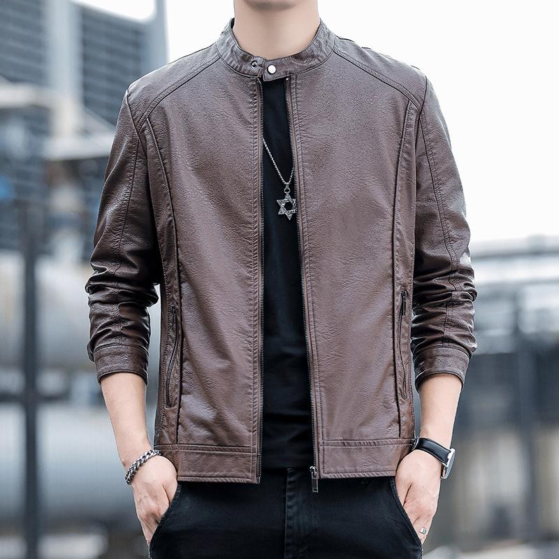 

Мужская корейская версия, облегающая повседневная кожаная куртка со стоячим воротником, осенне-зимняя новая простая и красивая мотоциклетная куртка, кожаная куртка XXXXL