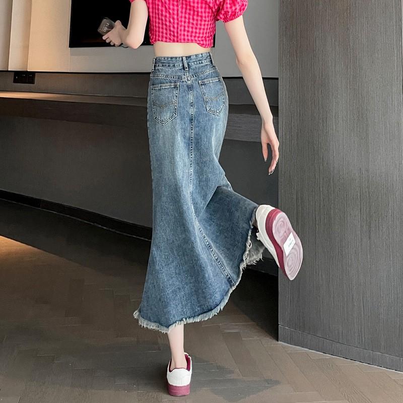 Womens Denim Midi Skirt A-Line Plus Size High Waist Fish Tail Pear Shape Body Casual Office Wear