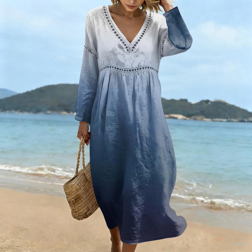 Fashionable Lady's V-neck Mid-length Casual Long-sleeved Dress