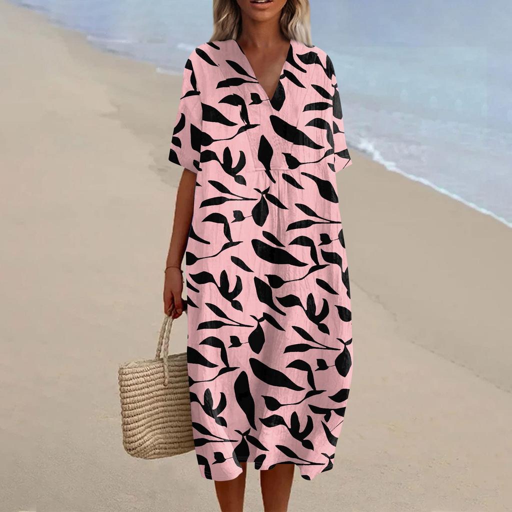 Women's Loose Casual Fashion V-Neck Printed Dress Beach Skirt