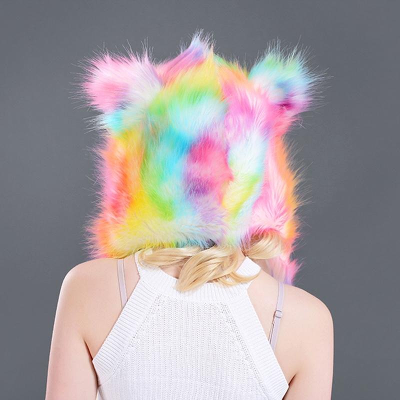 Women 3 In 1 Furry Animal Hat Scarf 