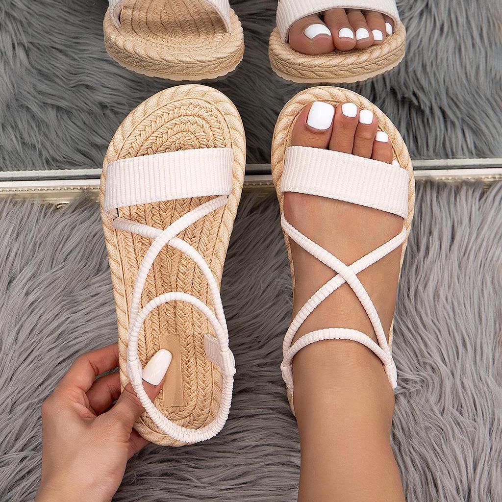 Women's Striped Suede Cross-Strap Flat Sandals with Faux Hemp Rope Sole.
