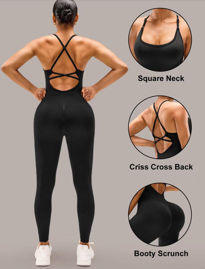 Women's Seamless Cross-Back Jumpsuit with Adjustable Straps for Fitness and Dance