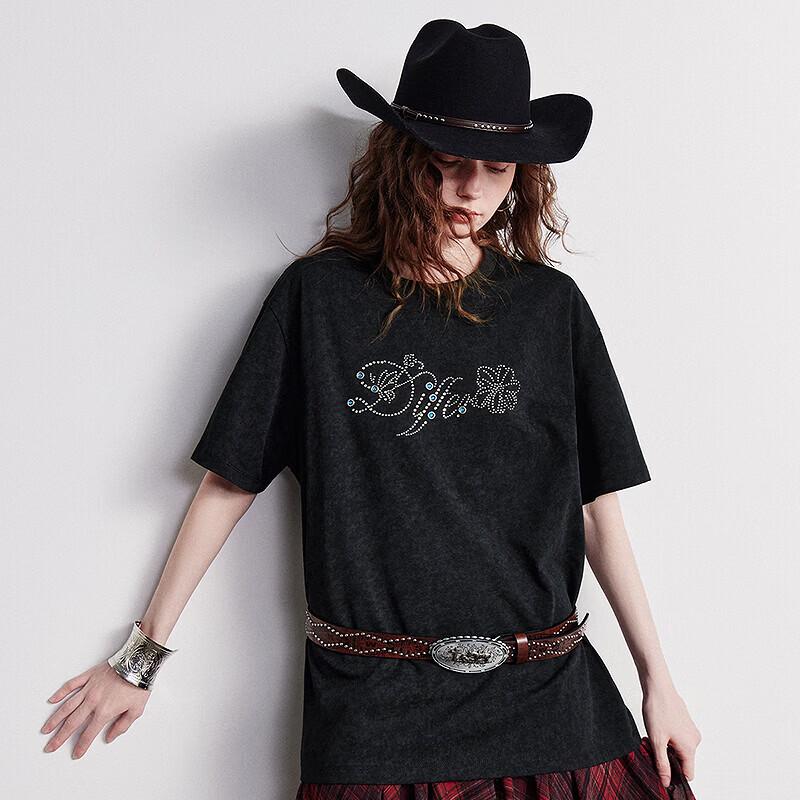 Chuyu Women's Rhinestone Wax Dye Cotton T-Shirt