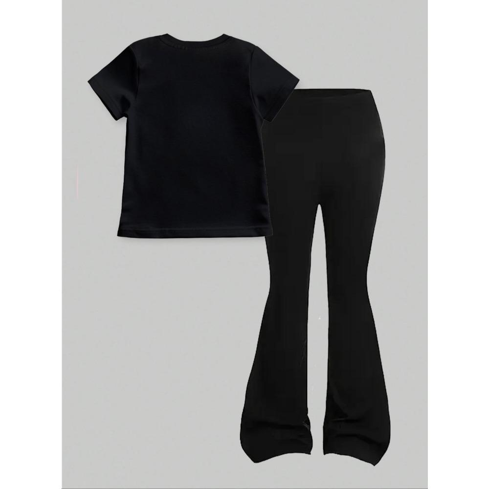 Conjunto de Manga Corta para Niña 2026 Nuevo Kpop Tres Chicas Estampado de Anime Camiseta de Manga Corta + Pantalones de Campana Conjunto de Dos Piezas