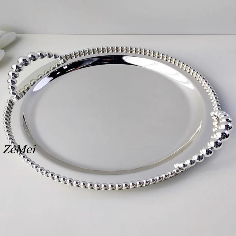 European Style Circle Shape Fruit Plate,31 cm Pearl Dot Silver Metal Cake Plate,Handheld Home Food Tray, Snack Disc Decoration