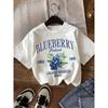 Europäische Größen Amerikanischer Retro Pastorale Stil Kurzarm-T-Shirt, Aquarell Blaubeer-Cluster und Buchstaben-Print T-Shirt