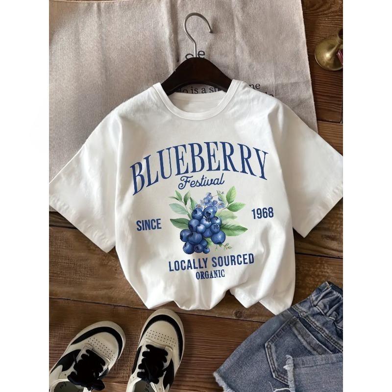 European sizes American Retro Pastoral Style Short-sleeved T-shirt, Watercolor Blueberry Cluster and Letter Print T-shirt