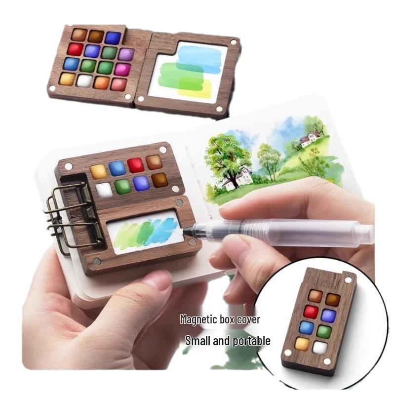 Portable Mini Watercolor Paint Box with Wooden Palette - Travel Sketchbook & Painting Toy