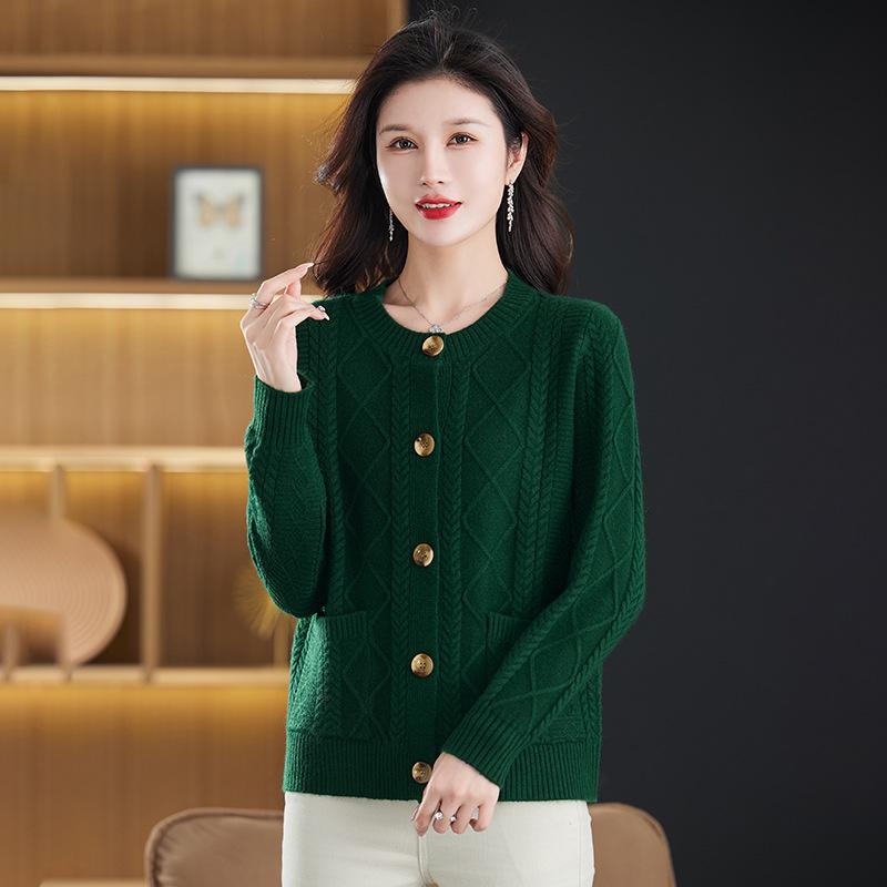 Damski sweter kardigan z grubym splotem warkoczowym, z okrągłym dekoltem, na jesień/zimę 2025 - Modny, wszechstronny i przytulny element okrycia wierzchniego