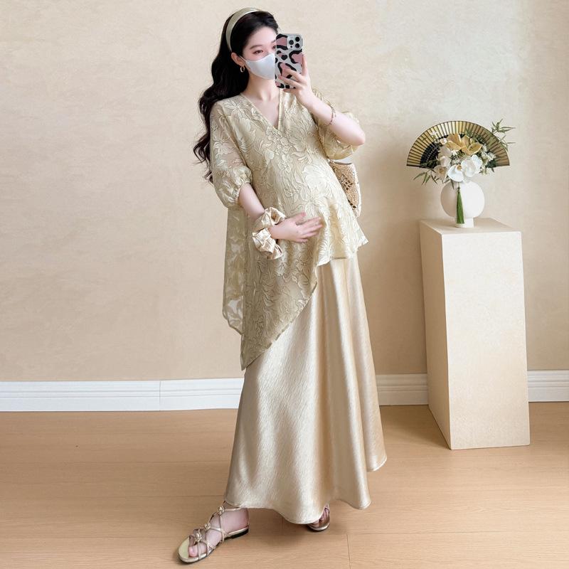 2026 Spring/Summer Celebrity Plus Size Maternity Two-Piece Set: Acetate Camisole Dress with Jacquard Top 2XL