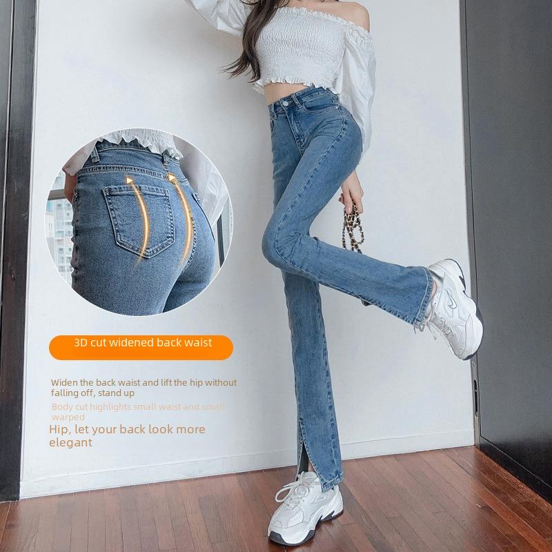 Blugi evazați de vară retro slim fit cu tiv despicat pentru femei