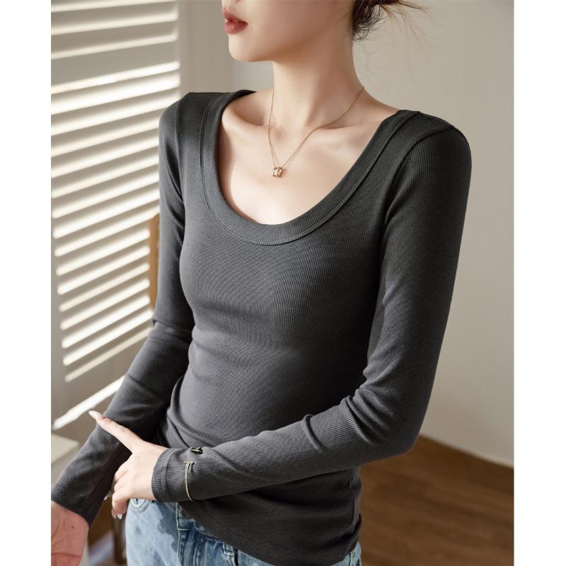 Damen U-Ausschnitt Langarm Figurbetont Einfarbig Lässig Basic Langarmshirt