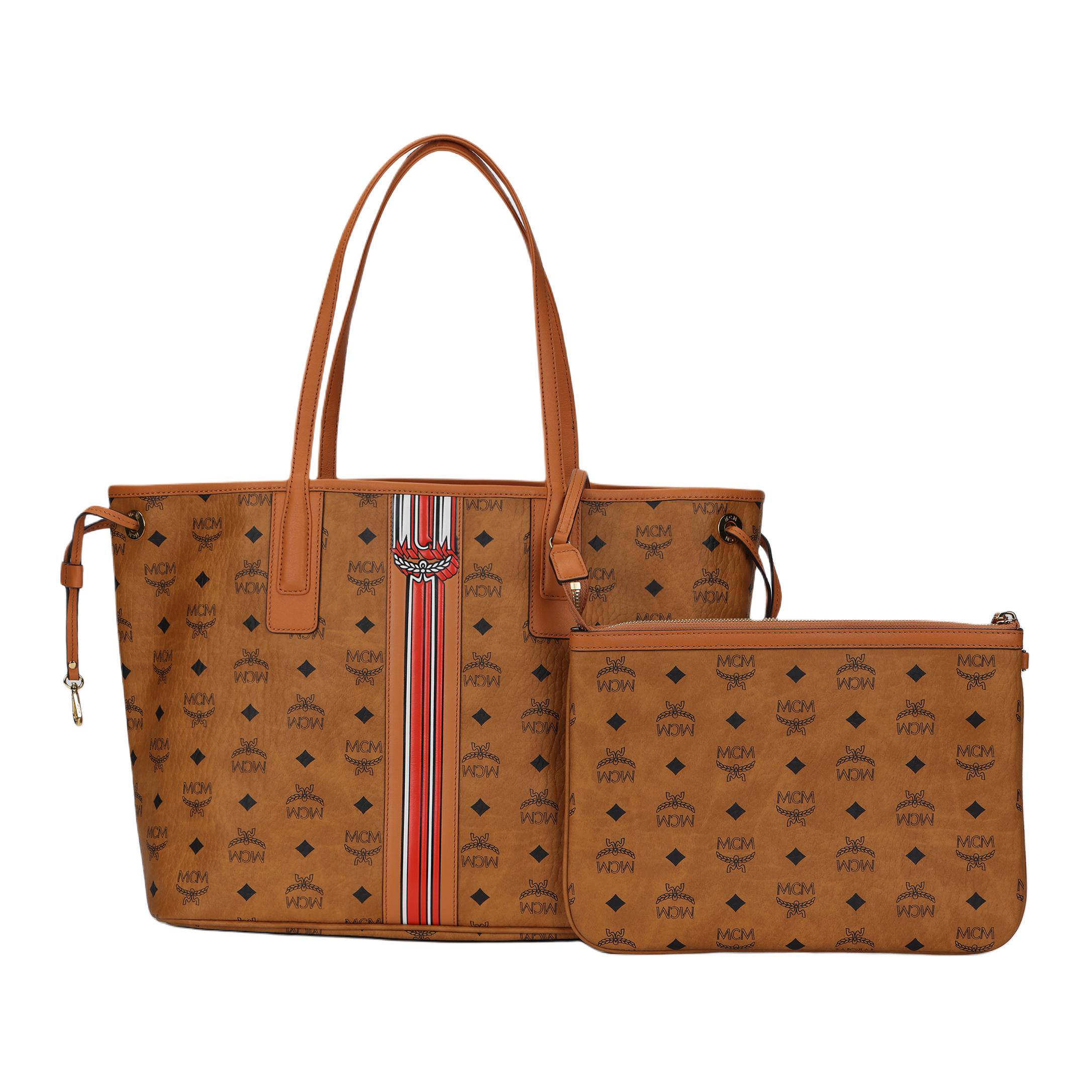 

MCM Monogram Double-Sided Logo Color Block Striped Pattern Large Capacity Tote Bag Women Tote Bags Brown Cognac MWPDSLR01CO001 Basic Set (Bag+Dust Bag)